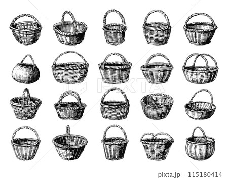 Doodle Style Wicker Baskets Icon Set. Basket, Wicker, Weave, Handmade, Storage, Container, Handicraft, Craft, Natural, Organic, Eco-Friendly, Home Decor, Hand Drawn, Sketch, Drawing, Simple, Low 115180414