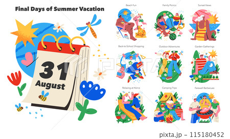 Final Days of Summer Vacation set. Captures the essence of winding down with beach fun, picnics, and back-to-school shopping. Vector illustration. 115180452
