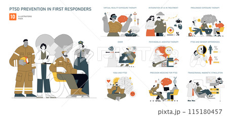 PTSD Prevention set for first responders. Therapies include VR, AI integration, psychedelics, EMDR, and yoga. Gender differences in treatment highlighted. Vector illustration. PTSD Prevention set for first responders. Therapies include VR, AI integration, psychedelics, EMDR, and yoga. Gender differences in treatment highlighted. Vector illustration. 115180457