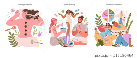 Alternative Medicine set. Illustrations depicting massage, crystal, and nutritional therapies. People engaging in wellness activities promoting health. Vector illustration. Alternative Medicine set. Illustrations depicting massage, crystal, and nutritional therapies. People engaging in wellness activities promoting health. Vector illustration. 115180464