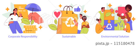Social Responsibility set. Corporate ethics, sustainable practices, and environmental solutions strategies. Community engagement and eco-friendly initiatives. Vector illustration. 115180478