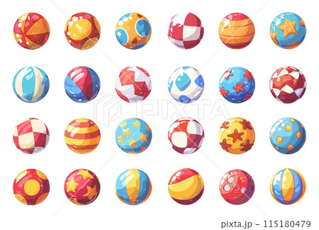 Cartoon Variety of Beach Balls Set. Simple Vector Cartoon Style White Background. Summer Recreation Holiday Fun Leisure Activity Outdoor Illustration 115180479