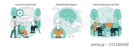 Senior care set. Active lifestyle and mental wellness for the elderly. Assisted living, psychological support, social interaction. Vector illustration. 115180480