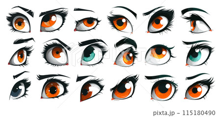 Cartoon Eyes of Different Shapes and Sizes with Various Emotions Icon Set. Eye, Cartoon, Emotion, Expression, Facial, Funny, Humor, Comic, Character, Face, Happy, Sad, Angry, Surprised, Joyful 115180490