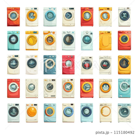 Cartoon Different Washing Machines Icons Set. Very Simple Vector Cartoon Style. White Background Laundry Appliance Equipment Washer Technology Illustration 115180492