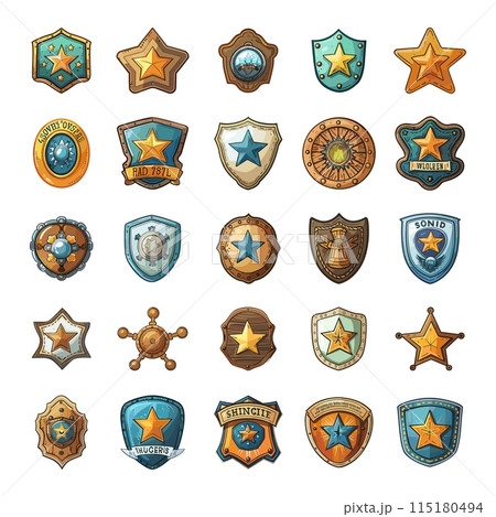 Cartoon Different Types of Sheriffs Badges Icons Set. Simple Vector Cartoon Style. White Background. Wild West Cowboy Police Law Enforcement Shield Western Crime Illustration 115180494