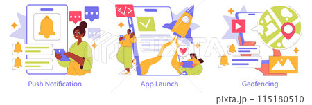 Branded App set. Engaging users with push notifications, celebrating a new app launch, and exploring geofencing technology. Vector illustration. 115180510