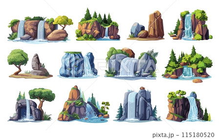 Cartoon Different Natural Biomes with Waterfalls and Cliffs Set. Simple Vector Cartoon Style. White Background. Landscape Environment Scenery Nature Wilderness Terrain Illustration 115180520