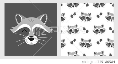 Cute cartoon raccoon head print and seamless pattern for textile, fabric, wrapping paper, nursery. Vector illustration 115180584