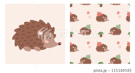Cute cartoon hedgehog print and seamless pattern with flowers, apple, mushroom for textile, fabric, wrapping paper, nursery. Vector illustration Cute cartoon hedgehog print and seamless pattern with flowers, apple, mushroom for textile, fabric, wrapping paper, nursery. Vector illustration 115180585