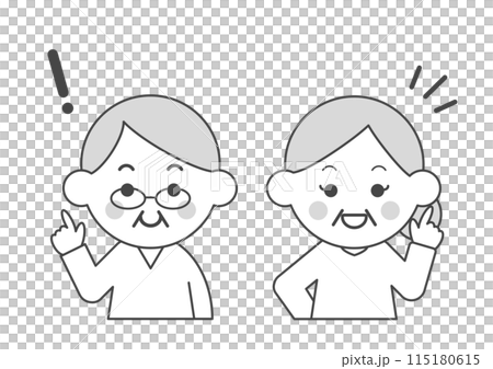 Monochrome illustration of a smiling senior couple pointing Monochrome illustration of a smiling senior couple pointing 115180615