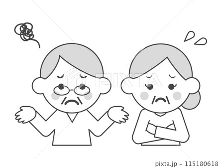 困っているシニアカップルのモノクロイラスト 115180618