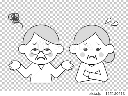 困っているシニアカップルのモノクロイラスト 115180618