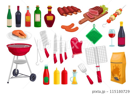 Cartoon bbq grill elements. Bbq party equipment, preparing grilled ribs beef steak skewer vegetables wine chef grills cook tools outdoor picnic dinner ingenious vector illustration 115180729