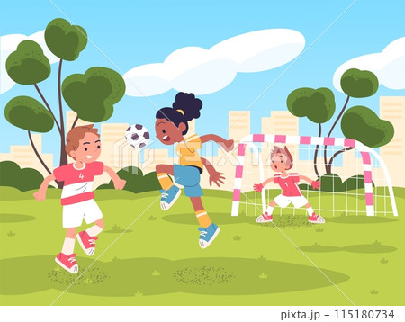 Children playing soccer. Little footballers play football outside in field city park, active school students kids teenagers sport players team kick ball Children playing soccer. Little footballers play football outside in field city park, active school students kids teenagers sport players team kick ball 115180734