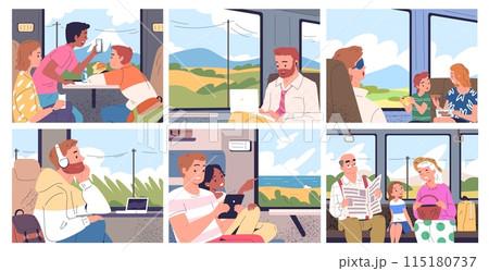 People travel train. Happy tourist couple or friends ride in summer vacation inside railway transport looking window, sitting passengers commuting trip, classy vector illustration People travel train. Happy tourist couple or friends ride in summer vacation inside railway transport looking window, sitting passengers commuting trip, classy vector illustration 115180737