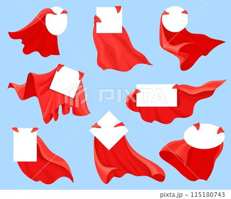 Red cape badges. Superhero capes labels, isolated flying fashion satin cloth blank emblems business sale prices, super hero magician cloak Red cape badges. Superhero capes labels, isolated flying fashion satin cloth blank emblems business sale prices, super hero magician cloak 115180743