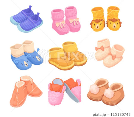 Baby booties. Child knitting socks toddler booty shoes, child boots infant knitted shoe babies shower gift for pregnant, newborn little footwear, cartoon neat vector illustration Baby booties. Child knitting socks toddler booty shoes, child boots infant knitted shoe babies shower gift for pregnant, newborn little footwear, cartoon neat vector illustration 115180745