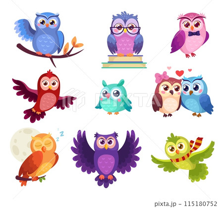 Comic owlet. Cartoon funny owl cute bird characters, face expression happy kid young owls big eye forest animal creature, childish adorable owlets set ingenious vector illustration 115180752