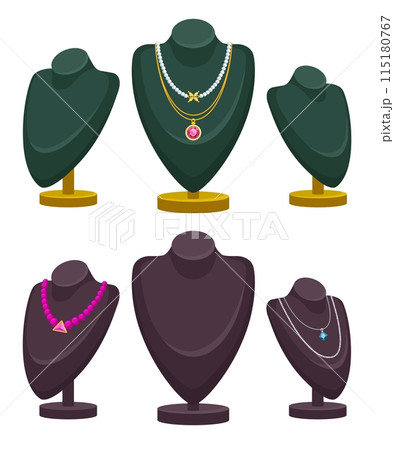 Jewelry bust. Black mannequin model mockup for jewelry necklace or fashion pendant luxury gift, stand dummy holder jewellery store mannequins display, ingenious vector illustration 115180767
