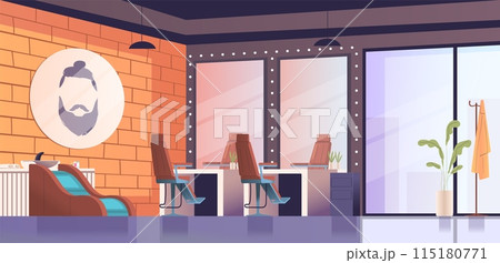 Barbershop interior. Hairdresser table inside beauty salon parlour room, barber chair workplace furniture hairstylist equipment for haircut, hairdressing classy vector illustration Barbershop interior. Hairdresser table inside beauty salon parlour room, barber chair workplace furniture hairstylist equipment for haircut, hairdressing classy vector illustration 115180771