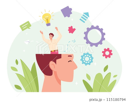 Head clearing. Man clean giant brain, person throws out your thoughts memory cleaning self mind consciousness care, cleanse mental space inner order think detox vector illustration 115180794