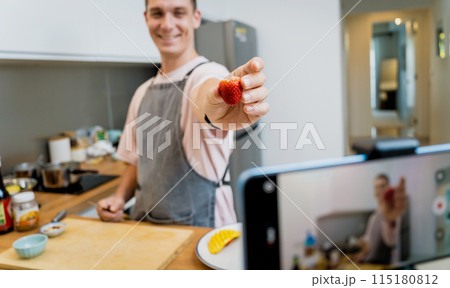 The chef is broadcasting live from workshop how to prepare a vegetarian food The chef is broadcasting live from workshop how to prepare a vegetarian food 115180812