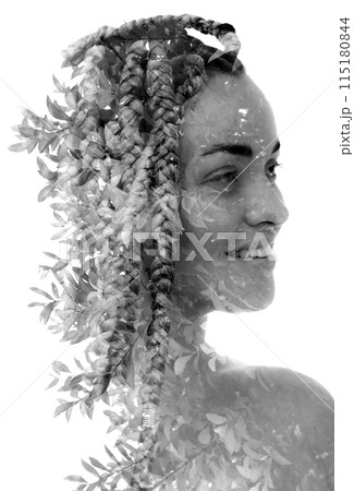 A double exposure portrait of a smiling girl against a white background 115180844
