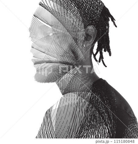 A 3D mesh double exposure portrait silhouette of a man A 3D mesh double exposure portrait silhouette of a man 115180848