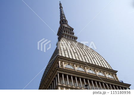 TURIN, ITALY - SEP 14, 2019: The Mole Antonelliana is a landmark of the Italian city of Turin. The pavilion-like building with its high, strongly tapering tower was built between 1863 and 1889 TURIN, ITALY - SEP 14, 2019: The Mole Antonelliana is a landmark of the Italian city of Turin. The pavilion-like building with its high, strongly tapering tower was built between 1863 and 1889 115180936