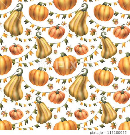 Orange autumn pumpkins with maple leaves and garland flags. Watercolor illustration, hand drawn. Seamless pattern on a white background. Orange autumn pumpkins with maple leaves and garland flags. Watercolor illustration, hand drawn. Seamless pattern on a white background. 115180955