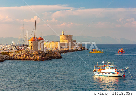 Windmills and Fort of Saint Nicholas, Rhodes, Greece 115181058