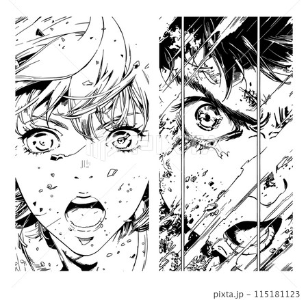 Rage character manga comic ink sketch vector posters. Guy girl anger speed power emotions close up face look anime monochrome gray tones concepts 115181123