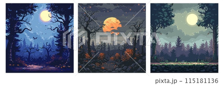 Night forest pixel art vector concepts. Trees thicket moon dark sky clouds bushes old fortress castle scary mysterious landscape, 8 bit game assets color illustrations 115181136