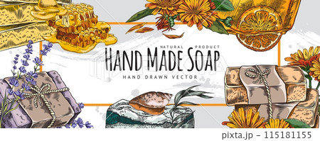 Handmade natural fruits, calendula, lavender essential, honey and ocean flavor soap color hand drawn vector label design 115181155