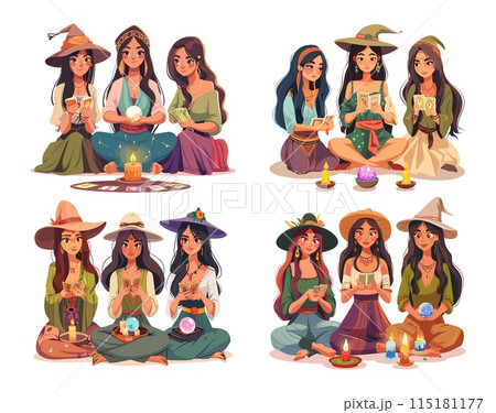 Gypsy fortune tellers cartoon vector concepts. Young women sorceresses witches earrings long hair dresses beads crystal ball tarot cards candles mystical seance characters, isolated illustrations Gypsy fortune tellers cartoon vector concepts. Young women sorceresses witches earrings long hair dresses beads crystal ball tarot cards candles mystical seance characters, isolated illustrations 115181177
