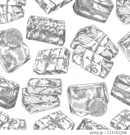 Seamless pattern with handmade natural soap engraved hand drawn vector, herbal aroma soap brick spa and hygiene cosmetic 115181206