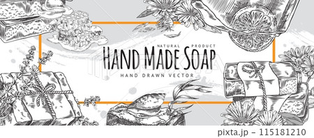 Vector banner with an empty space for text and a frame of sketches of eco handmade soap 115181210