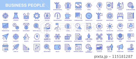 Business people web icons set in duotone outline stroke design. Pack pictograms with team, vision, idea, project, career, mission, strategy, profit, work time, staff, startup. Vector illustration. Business people web icons set in duotone outline stroke design. Pack pictograms with team, vision, idea, project, career, mission, strategy, profit, work time, staff, startup. Vector illustration. 115181287