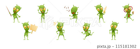 Funny Green Alien Character with Big Eyes and Small Antenna on Head Engaged in Different Action Vector Set 115181302