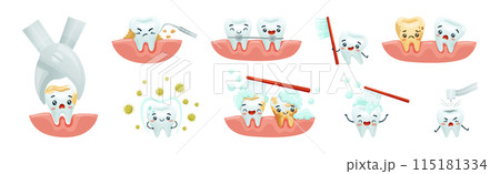 Cute Tooth Character with Smiling Face Vector Set Cute Tooth Character with Smiling Face Vector Set 115181334
