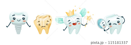 Cute Tooth Character with Smiling Face Vector Set 115181337