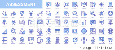Assessment web icons set in duotone outline stroke design. Pack pictograms with compare, process, report, feedback, auditor, impact, strategy, financial risk, solution, success. Vector illustration. Assessment web icons set in duotone outline stroke design. Pack pictograms with compare, process, report, feedback, auditor, impact, strategy, financial risk, solution, success. Vector illustration. 115181338