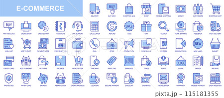 E-commerce web icons set in duotone outline stroke design. Pack pictograms with shopping, delivery, customers, online support, refund, sale, gift, banking, wish list, payment. Vector illustration. 115181355