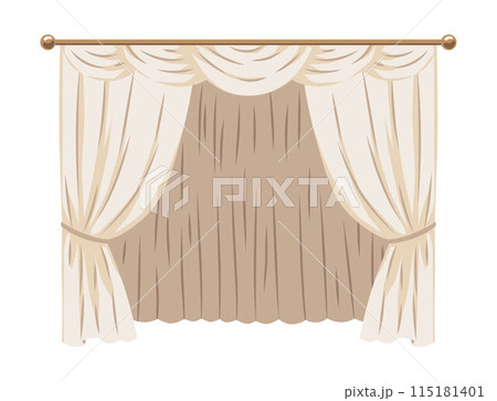 White and beige curtains composition and draperies on cornice, vector house or theatre drapery textile interior decor White and beige curtains composition and draperies on cornice, vector house or theatre drapery textile interior decor 115181401