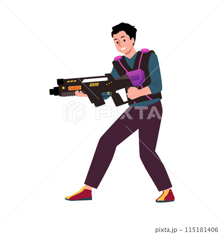 Laser tag player man with laser gun, vector cartoon gamer character in laser tag combat equipment military tactics game Laser tag player man with laser gun, vector cartoon gamer character in laser tag combat equipment military tactics game 115181406