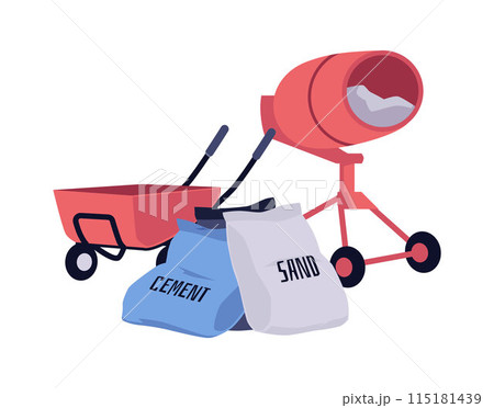 Cement and sand bags, concrete mixer and cart vector vector illustration, construction material and industrial equipment 115181439