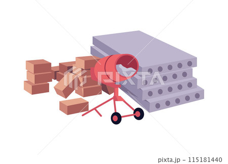 Concrete floor slabs, mixer and brown clay bricks pile, vector construction and building material and mixing equipment 115181440