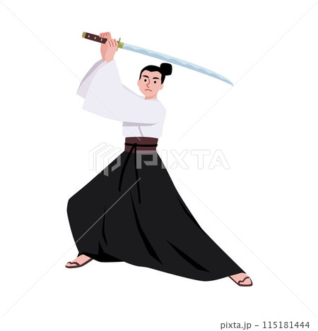 Samurai warrior with raised sword flat vector, Japanese Samurai fighter with katana isolated, shogun in Bushido clothes 115181444