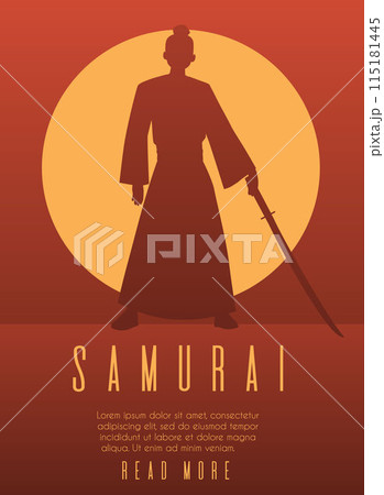 Samurai warrior with sword and sunset red silhouettes vector poster, Japanese fighter with katana weapon oriental shogun 115181445